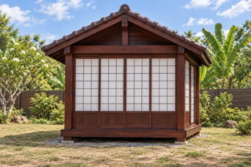 Chòi Gỗ Sân Vườn T136 - Ba Mặt Vách Shoji Trượt, Gỗ Thông Màu Nâu Cánh Gián