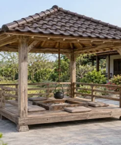 Chòi Gỗ Sân Vườn T137 - Bếp Lò Âm Sàn Giữa Kiểu Irori, Gỗ Thông Màu Vintage