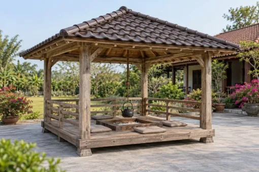 Chòi Gỗ Sân Vườn T137 - Bếp Lò Âm Sàn Giữa Kiểu Irori, Gỗ Thông Màu Vintage Chòi Gỗ Sân Vườn T137 - Bếp Lò Âm Sàn Giữa Kiểu Irori, Gỗ Thông Màu Vintage