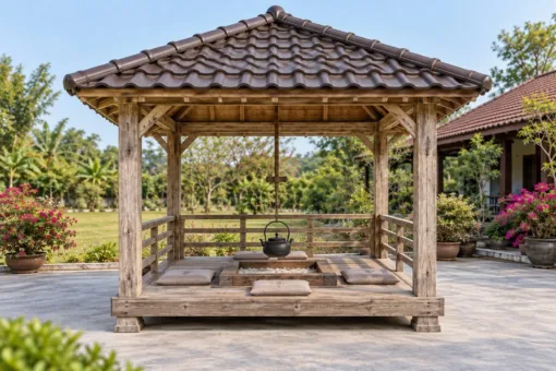 Chòi Gỗ Sân Vườn T137 - Bếp Lò Âm Sàn Giữa Kiểu Irori, Gỗ Thông Màu Vintage Chòi Gỗ Sân Vườn T137 - Bếp Lò Âm Sàn Giữa Kiểu Irori, Gỗ Thông Màu Vintage