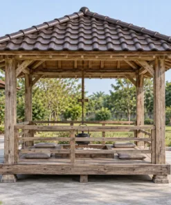 Chòi Gỗ Sân Vườn T137 - Bếp Lò Âm Sàn Giữa Kiểu Irori, Gỗ Thông Màu Vintage