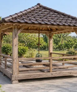 Chòi Gỗ Sân Vườn T137 - Bếp Lò Âm Sàn Giữa Kiểu Irori, Gỗ Thông Màu Vintage