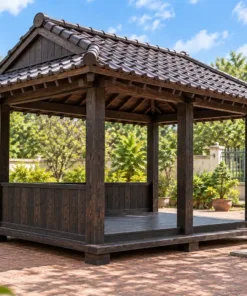 Chòi Gỗ Sân Vườn T138 - Hiên Engawa Bao Hai Mặt Không Lan Can, Gỗ Thông Màu Gỗ Cháy