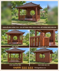 Chòi Gỗ Sân Vườn T139 - Cửa Sổ Tròn Trên Vách Lưng, Gỗ Thông Màu Nâu Đỏ