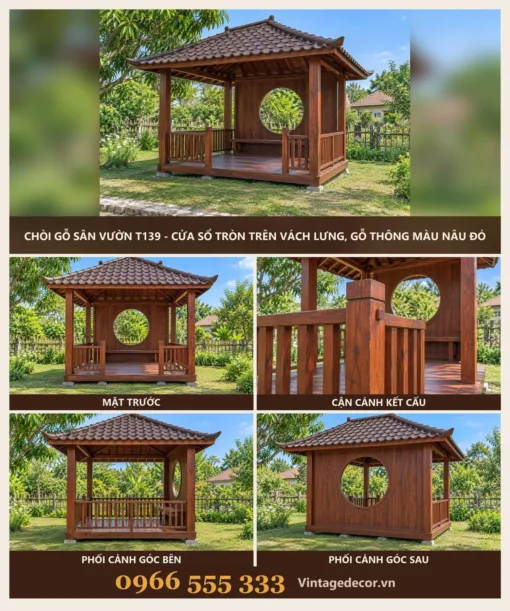 Chòi Gỗ Sân Vườn T139 - Cửa Sổ Tròn Trên Vách Lưng, Gỗ Thông Màu Nâu Đỏ