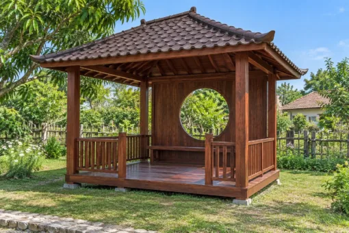 Chòi Gỗ Sân Vườn T139 - Cửa Sổ Tròn Trên Vách Lưng, Gỗ Thông Màu Nâu Đỏ
