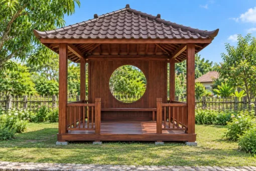 Chòi Gỗ Sân Vườn T139 - Cửa Sổ Tròn Trên Vách Lưng, Gỗ Thông Màu Nâu Đỏ