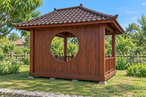 Chòi Gỗ Sân Vườn T139 - Cửa Sổ Tròn Trên Vách Lưng, Gỗ Thông Màu Nâu Đỏ