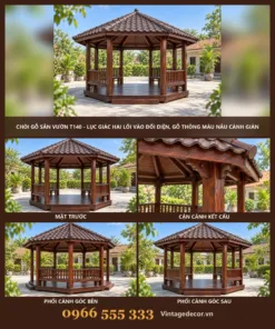 Chòi Gỗ Sân Vườn T140 - Lục Giác Hai Lối Vào Đối Diện, Gỗ Thông Màu Nâu Cánh Gián