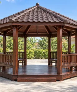 Chòi Gỗ Sân Vườn T140 - Lục Giác Hai Lối Vào Đối Diện, Gỗ Thông Màu Nâu Cánh Gián
