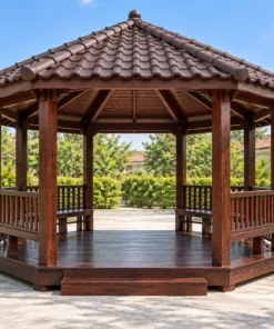 Chòi Gỗ Sân Vườn T140 - Lục Giác Hai Lối Vào Đối Diện, Gỗ Thông Màu Nâu Cánh Gián
