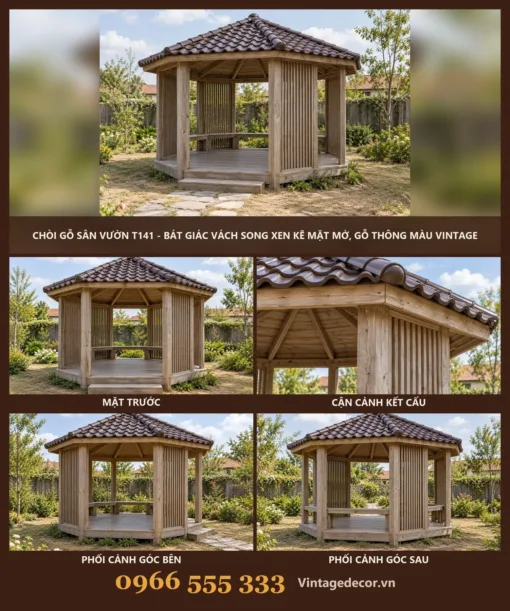 Chòi Gỗ Sân Vườn T141 - Bát Giác Vách Song Xen Kẽ Mặt Mở, Gỗ Thông Màu Vintage Chòi Gỗ Sân Vườn T141 - Bát Giác Vách Song Xen Kẽ Mặt Mở, Gỗ Thông Màu Vintage