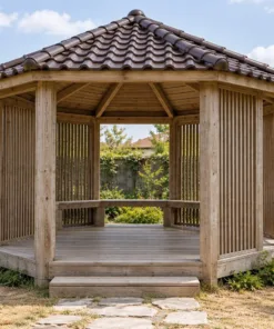 Chòi Gỗ Sân Vườn T141 - Bát Giác Vách Song Xen Kẽ Mặt Mở, Gỗ Thông Màu Vintage