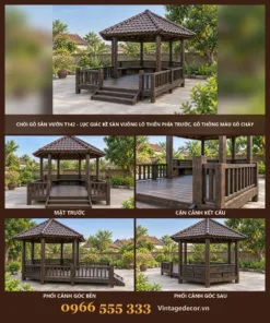 Chòi Gỗ Sân Vườn T142 - Lục Giác Kề Sàn Vuông Lộ Thiên Phía Trước, Gỗ Thông Màu Gỗ Cháy
