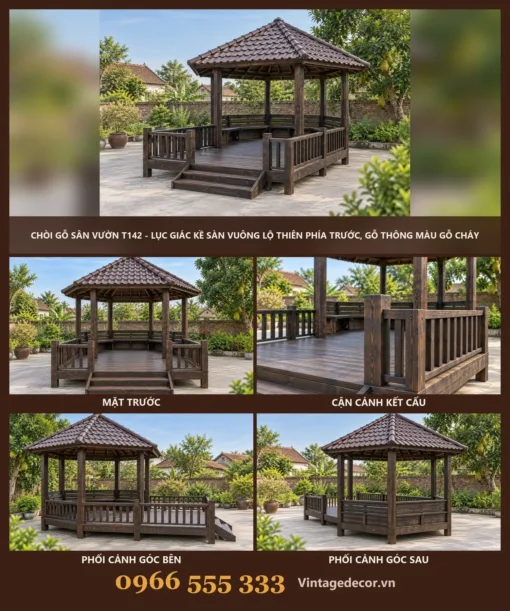 Chòi Gỗ Sân Vườn T142 - Lục Giác Kề Sàn Vuông Lộ Thiên Phía Trước, Gỗ Thông Màu Gỗ Cháy