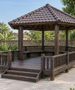 Chòi Gỗ Sân Vườn T142 - Lục Giác Kề Sàn Vuông Lộ Thiên Phía Trước, Gỗ Thông Màu Gỗ Cháy
