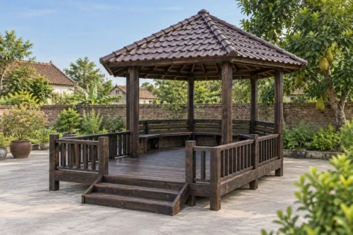 Chòi Gỗ Sân Vườn T142 - Lục Giác Kề Sàn Vuông Lộ Thiên Phía Trước, Gỗ Thông Màu Gỗ Cháy
