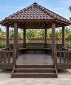 Chòi Gỗ Sân Vườn T142 - Lục Giác Kề Sàn Vuông Lộ Thiên Phía Trước, Gỗ Thông Màu Gỗ Cháy
