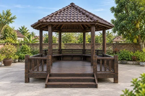 Chòi Gỗ Sân Vườn T142 - Lục Giác Kề Sàn Vuông Lộ Thiên Phía Trước, Gỗ Thông Màu Gỗ Cháy
