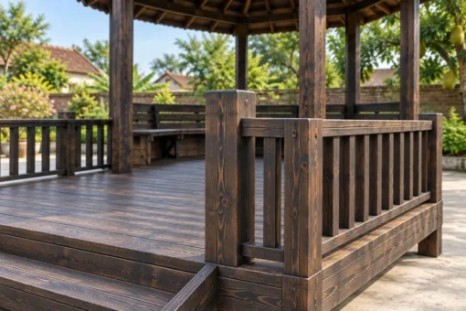 Chòi Gỗ Sân Vườn T142 - Lục Giác Kề Sàn Vuông Lộ Thiên Phía Trước, Gỗ Thông Màu Gỗ Cháy
