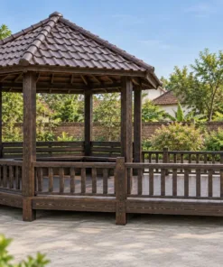 Chòi Gỗ Sân Vườn T142 - Lục Giác Kề Sàn Vuông Lộ Thiên Phía Trước, Gỗ Thông Màu Gỗ Cháy