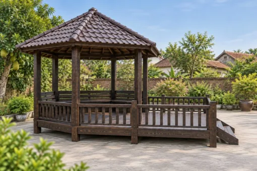 Chòi Gỗ Sân Vườn T142 - Lục Giác Kề Sàn Vuông Lộ Thiên Phía Trước, Gỗ Thông Màu Gỗ Cháy