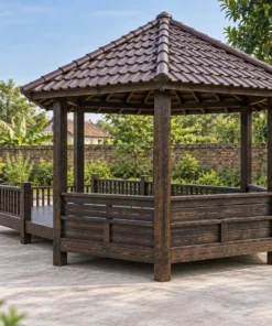 Chòi Gỗ Sân Vườn T142 - Lục Giác Kề Sàn Vuông Lộ Thiên Phía Trước, Gỗ Thông Màu Gỗ Cháy