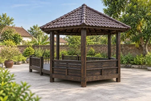 Chòi Gỗ Sân Vườn T142 - Lục Giác Kề Sàn Vuông Lộ Thiên Phía Trước, Gỗ Thông Màu Gỗ Cháy