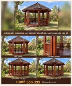 Chòi Gỗ Sân Vườn T143 - Bát Giác Cột Đôi Mỗi Góc, Gỗ Thông Màu Nâu Đỏ