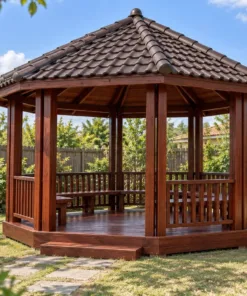 Chòi Gỗ Sân Vườn T143 - Bát Giác Cột Đôi Mỗi Góc, Gỗ Thông Màu Nâu Đỏ