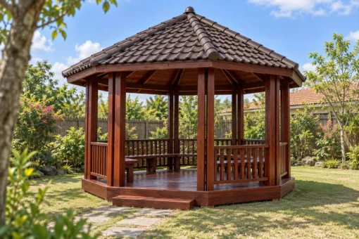 Chòi Gỗ Sân Vườn T143 - Bát Giác Cột Đôi Mỗi Góc, Gỗ Thông Màu Nâu Đỏ