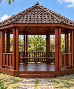 Chòi Gỗ Sân Vườn T143 - Bát Giác Cột Đôi Mỗi Góc, Gỗ Thông Màu Nâu Đỏ