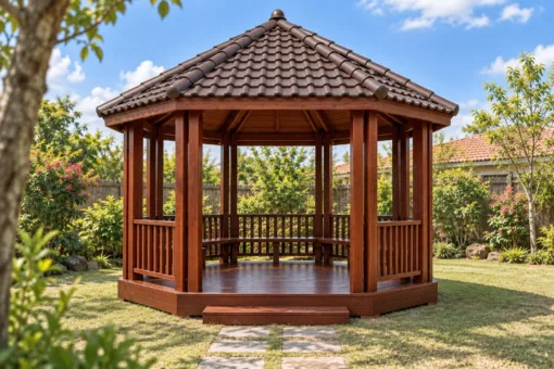 Chòi Gỗ Sân Vườn T143 - Bát Giác Cột Đôi Mỗi Góc, Gỗ Thông Màu Nâu Đỏ