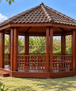 Chòi Gỗ Sân Vườn T143 - Bát Giác Cột Đôi Mỗi Góc, Gỗ Thông Màu Nâu Đỏ