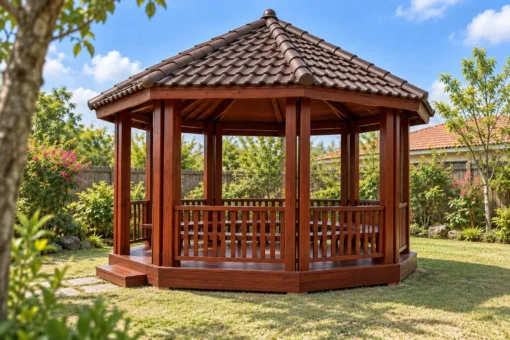 Chòi Gỗ Sân Vườn T143 - Bát Giác Cột Đôi Mỗi Góc, Gỗ Thông Màu Nâu Đỏ