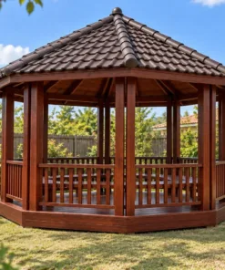 Chòi Gỗ Sân Vườn T143 - Bát Giác Cột Đôi Mỗi Góc, Gỗ Thông Màu Nâu Đỏ