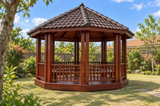 Chòi Gỗ Sân Vườn T143 - Bát Giác Cột Đôi Mỗi Góc, Gỗ Thông Màu Nâu Đỏ