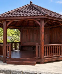Chòi Gỗ Sân Vườn T144 - Bát Giác Ba Mặt Vách Ván Kín Lưng, Gỗ Thông Màu Nâu Cánh Gián