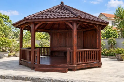 Chòi Gỗ Sân Vườn T144 - Bát Giác Ba Mặt Vách Ván Kín Lưng, Gỗ Thông Màu Nâu Cánh Gián