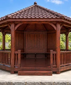 Chòi Gỗ Sân Vườn T144 - Bát Giác Ba Mặt Vách Ván Kín Lưng, Gỗ Thông Màu Nâu Cánh Gián