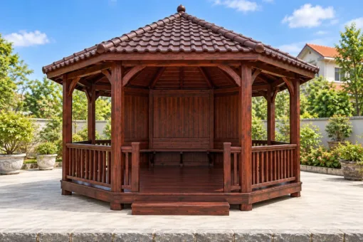 Chòi Gỗ Sân Vườn T144 - Bát Giác Ba Mặt Vách Ván Kín Lưng, Gỗ Thông Màu Nâu Cánh Gián