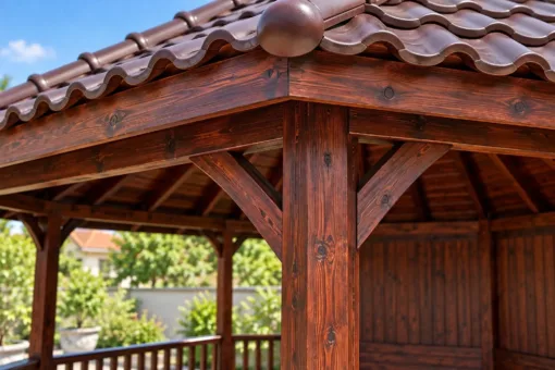 Chòi Gỗ Sân Vườn T144 - Bát Giác Ba Mặt Vách Ván Kín Lưng, Gỗ Thông Màu Nâu Cánh Gián