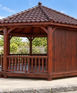 Chòi Gỗ Sân Vườn T144 - Bát Giác Ba Mặt Vách Ván Kín Lưng, Gỗ Thông Màu Nâu Cánh Gián