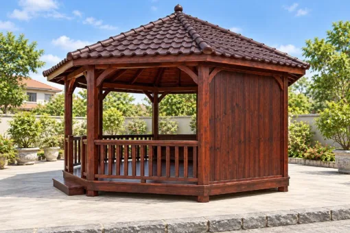 Chòi Gỗ Sân Vườn T144 - Bát Giác Ba Mặt Vách Ván Kín Lưng, Gỗ Thông Màu Nâu Cánh Gián