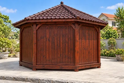 Chòi Gỗ Sân Vườn T144 - Bát Giác Ba Mặt Vách Ván Kín Lưng, Gỗ Thông Màu Nâu Cánh Gián