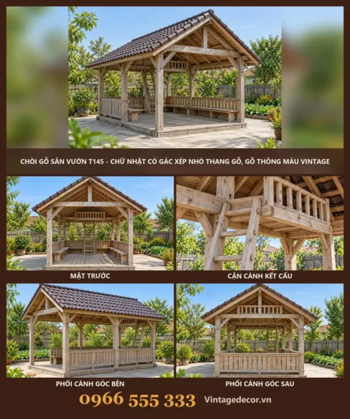 Chòi Gỗ Sân Vườn T145 - Chữ Nhật Có Gác Xép Nhỏ Thang Gỗ, Gỗ Thông Màu Vintage