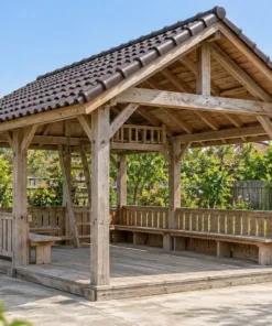 Chòi Gỗ Sân Vườn T145 - Chữ Nhật Có Gác Xép Nhỏ Thang Gỗ, Gỗ Thông Màu Vintage