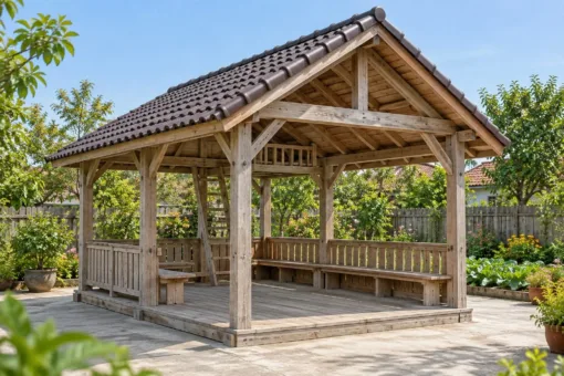 Chòi Gỗ Sân Vườn T145 - Chữ Nhật Có Gác Xép Nhỏ Thang Gỗ, Gỗ Thông Màu Vintage