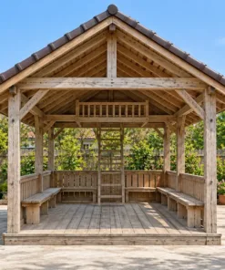Chòi Gỗ Sân Vườn T145 - Chữ Nhật Có Gác Xép Nhỏ Thang Gỗ, Gỗ Thông Màu Vintage