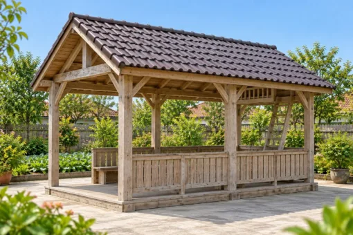 Chòi Gỗ Sân Vườn T145 - Chữ Nhật Có Gác Xép Nhỏ Thang Gỗ, Gỗ Thông Màu Vintage
